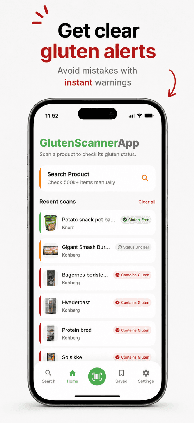 Clear gluten alerts and recent scans